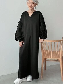 FRIFUL Women's Black V-Neck Long Sleeve Dropped Shoulder Lantern Sleeve Pleated Ruffle Hem Loose Casual Dress, Autumn