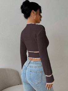 EMERY ROSE 女士秋季落肩长袖单排扣短款休闲优雅开衫 - 咖啡棕 - 查看 2