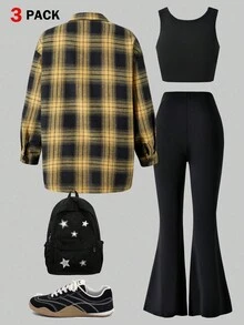 Teen Girl Casual Daily Graphic Button-Up Shirt, Camisole, And Flare Pants Set - Multicolor - View 2