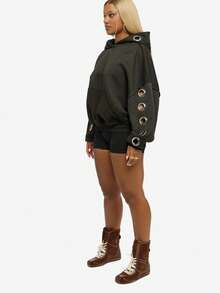 SUMWON WOMEN Oversized Hoodie With Metal Eyelet Grommets Casual Pullover Sweatshirt - Black - View 5