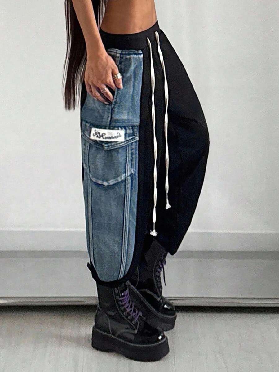 Jeanoix 女士休闲宽松阔腿系带腰拼接牛仔裤 - 彩色 - 查看 1