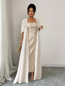 Elenzga 2025春夏高端极简蓝抹胸白披肩领连衣裙 - 黃色 - 查看 4