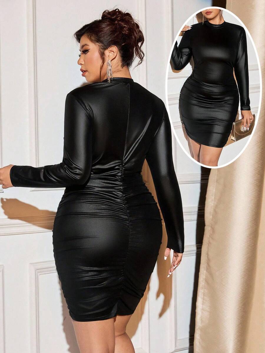 Cravure 女式加大码黑色修身长袖短款连衣裙派对俱乐部修身连衣裙 - 黑色 - 查看 1