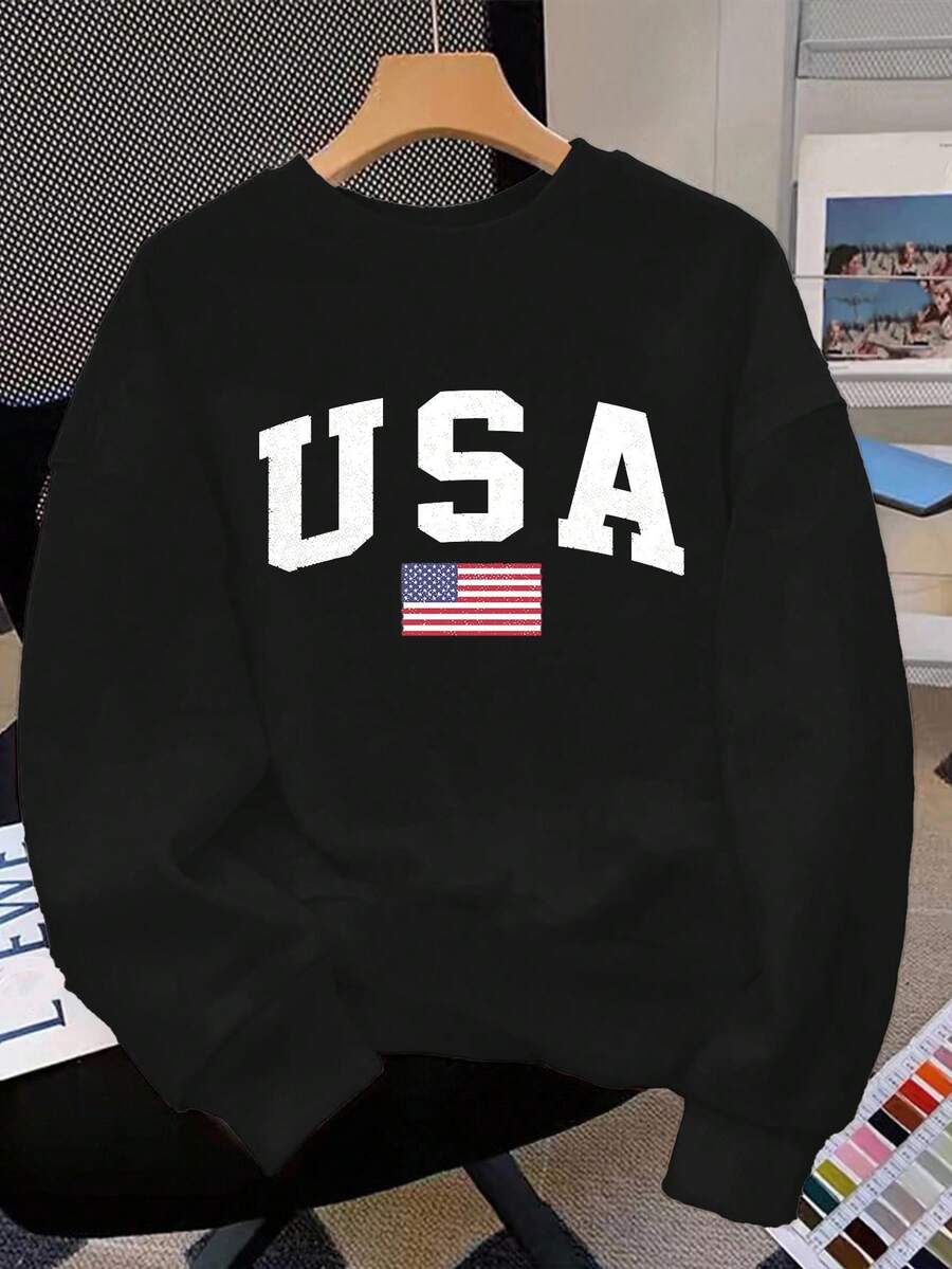 ween Boy Casual Minimalist USA Graphic Loose Fit Thick Crew Neck Long Sleeve Sweatshirt, Suitable For Autumn & Winter Fall