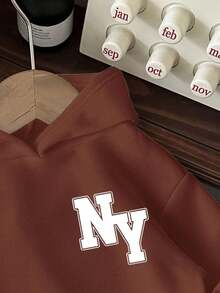 Tween Boy Casual Minimalist NY Cartoon Pattern Loose Fit Long Sleeve Sweatshirt, Suitable For Autumn/Winter Fall - Brown - View 3