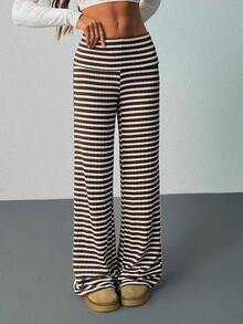 SHEIN Tall Women's Folded Waist Sports Casual Pants Striped Flared Pants Brown Striped Pants Knit Pants Pattern Pants Wide Leg Pants Ribbed Pants Striped Palazzo Pants Wide Leg Striped Pants Palazzo Pants Women,Fall - Coffee Brown - View 6