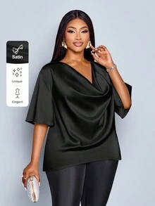 SOLERSUN Plus Size Women's Fashionable Solid Color Elegant Cowl Neck Stylish And Sophisticated Batwing Sleeve Blouse Summer - Black - View 6