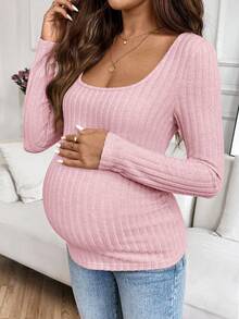 SHEIN Maternity Solid Color Minimalist Daily Long Sleeve Knit T-Shirt Ribbed Top Tops Shirts For Women Pink Fall - Baby Pink - View 7