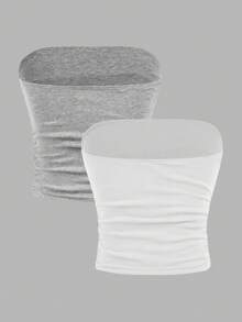 SHEIN Girlism 2pcs/Set Teen Girl Minimalist Comfortable Ruched Bandeau Bralette - Multicolor - View 2