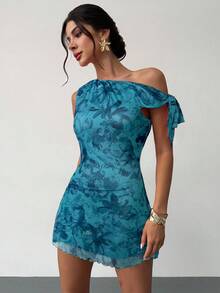 Firerie 女式夏季新款碎花不对称肩部性感优雅度假迷你连衣裙，网眼碎花连衣裙，不对称领口连衣裙，春夏服装，沙滩装，优雅，性感，度假，海滩，夏威夷，约会，派对，音乐节，毕业礼服，舞会 - 水鴨藍 - 查看 6