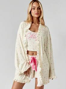 MISSGUIDED Luxury Floral Print Robe Satin Bridal Morning Wedding Robe Ruffle Trim Short Lounge Robe Bridal Dressing Gown With Sash Women's Honeymoon Gift - Multicolor - View 2