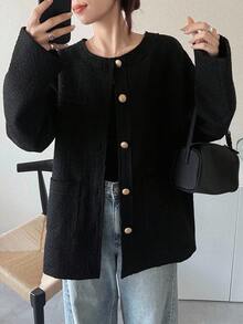 FRIFUL 女士针织混纺金属纽扣装饰圆领开衫，宽松优雅通勤常规外套，秋季黑色外套黑色开衫超大款外套短款外套黑色西装外套女式大衣
