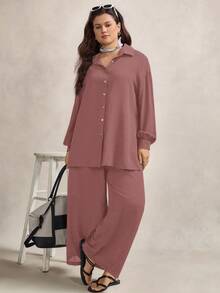 Zelara Plus Size Casual Commuter Solid Color Shirt And Pants 2 Pieces Set Plus Size Pant Set Plus Size Two Pieces Set Brown Plus Size Pant Suit Women Plus Size Brown Set Plus Size Blouse And Pants Set,Fall Clothes For Women Plus Size Pants Set Plus Size Matching Set 2 Pieces Sets Woman Plus - Rusty Rose - View 3