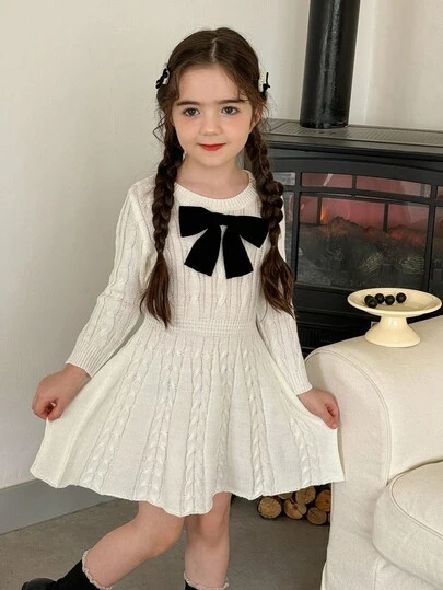 LMoss Kids LMoss 女童纯色圆领修身蝴蝶结装饰针织连衣裙，秋季毛衣，女童秋季服装，适合开学第一天穿着