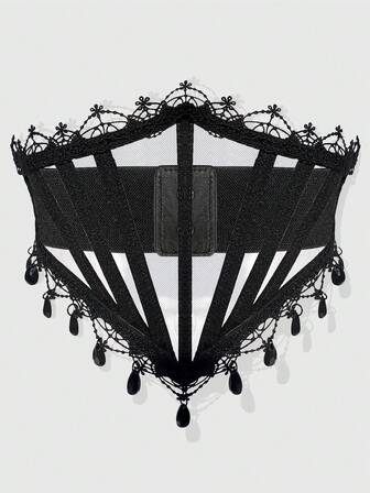 Grunge Punk 1pc Women's Black Mesh Lace Rhinestone Pendant Tie-Up Decor Elastic Waist Belt Corset Dress Accessory, Goth Style For Halloween Costume