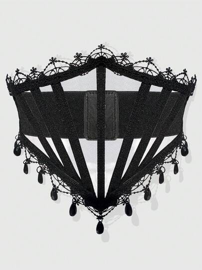 Grunge Punk 1pc Women's Black Mesh Lace Rhinestone Pendant Tie-Up Decor Elastic Waist Belt Corset Dress Accessory, Goth Style For Halloween Costume