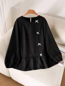 CosyJoli 大码女式圆领撞色蝴蝶结设计荷叶边下摆长袖衬衫，休闲办公装，黑色