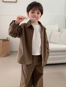 DAZY 儿童秋季服装，男童休闲宽松纯色衬衫套装，秋季 - 卡其色 - 查看 4