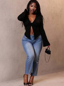 Slaydiva Áo cánh tay chuông xoắn phía trước dệt kim họa tiết màu đen gợi cảm, giản dị, mùa hè 2025, thích hợp cho lễ Phục sinh, lễ hội âm nhạc, trang phục hàng ngày, tiệc tùng, giáng sinh, ngày lễ tình nhân, hẹn hò, bãi biển, du thuyền, lễ hội hóa trang - màu đen - Xem 2