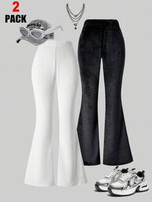 2条装少女优雅高腰喇叭双面法兰绒裤，适合休闲和居家穿着，带衬里，白色、黑色百搭秋冬款 - 彩色 - 查看 1