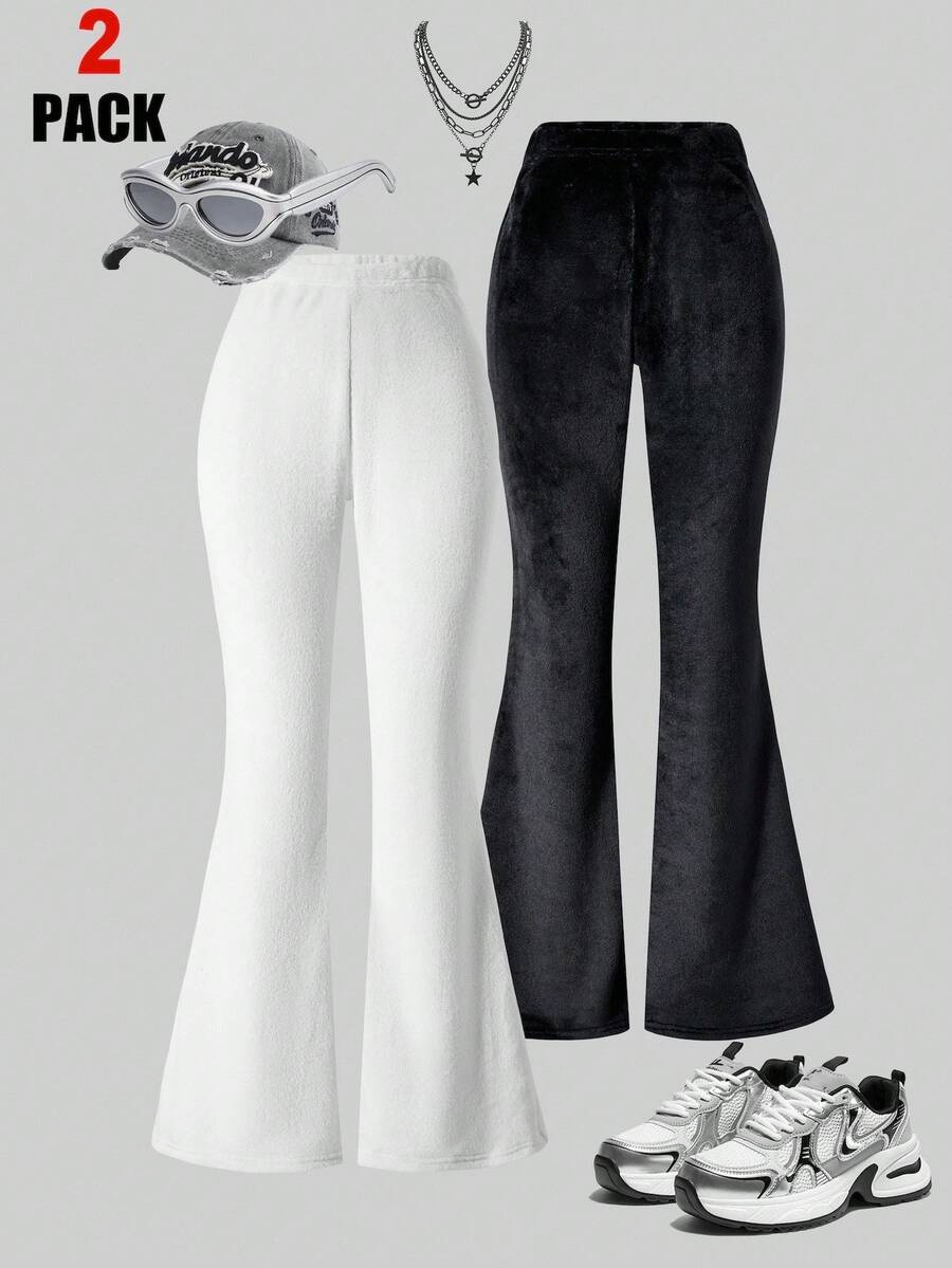 2条装少女优雅高腰喇叭双面法兰绒裤，适合休闲和居家穿着，带衬里，白色、黑色百搭秋冬款 - 彩色 - 查看 1