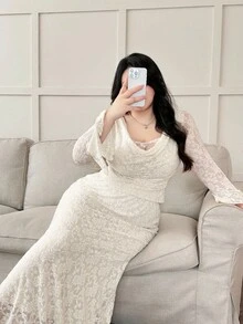 Modelyn Plus Size Korean Style Women 2 Pieces Set: Plunging Neck Mermaid Hem Skirt  Autumn - Apricot - View 7
