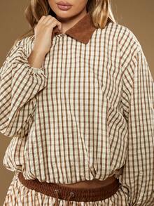 MISSGUIDED Cotton Vintage Style Checked Bomber Jacket With Brown Corduroy Collar Balloon Sleeve Fall Winter Fashion Casual Outerwear Lightweight Classic Retro