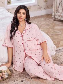 CottageSlumber Plus Size Women Cherry Plaid Print Pocket Ruffle Trim Short Sleeve Pajama Set, Spring/Summer/Autumn - Multicolor - View 2