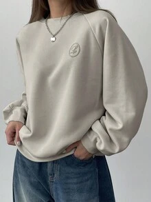 DAZY 图案刺绣宽松圆领长袖女式运动衫，秋季女装 - 淺灰色 - 查看 4