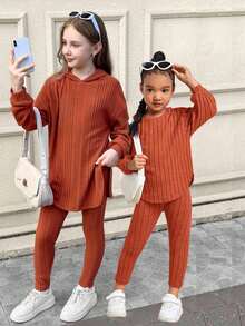 SHEIN 青少年女孩罗纹圆领长袖 T 恤套装，搭配紧身裤、连帽衫、长袖修身运动裤、休闲条纹连帽上衣和下装套装，适合冬季秋季服装 - 珊瑚橙 - 查看 1