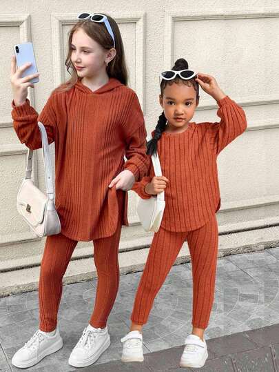 SHEIN 青少年女孩罗纹圆领长袖 T 恤套装，搭配紧身裤、连帽衫、长袖修身运动裤、休闲条纹连帽上衣和下装套装，适合冬季秋季服装