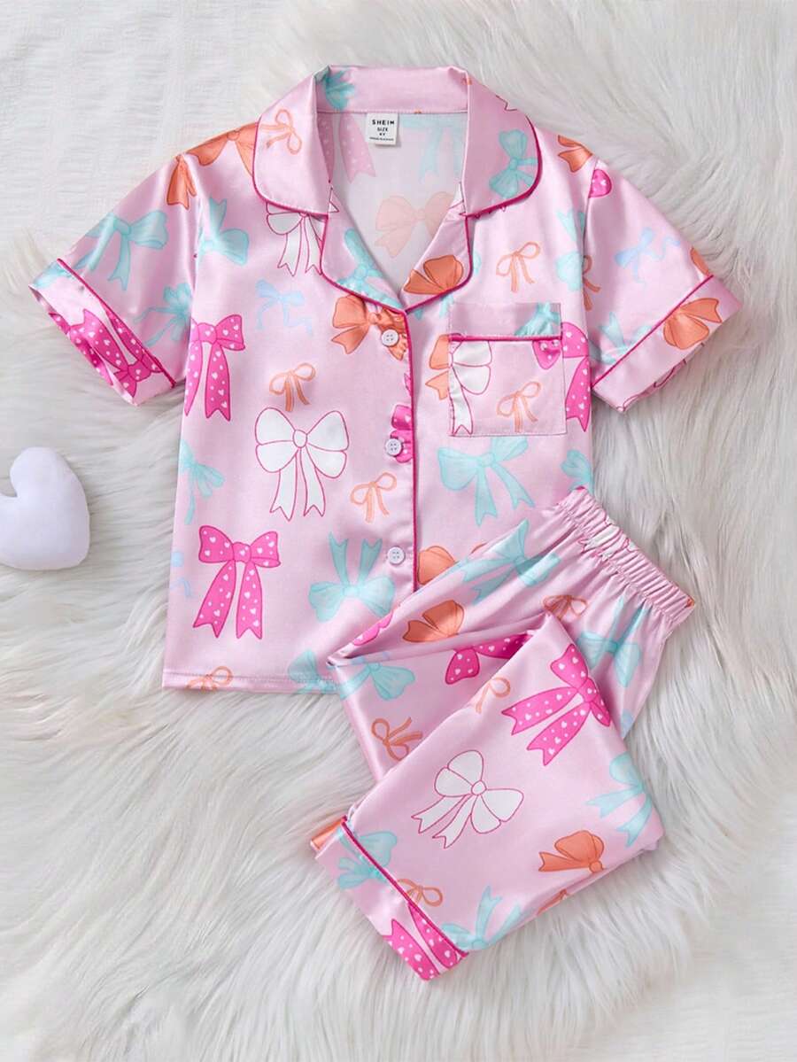 2 件套年轻女孩粉色府绸蝴蝶结印花上衣和裤子套装，休闲家居服儿童夏装套装儿童服装套装女童夏装套装小女孩服装套装儿童服装套装假日旅行休闲夏装