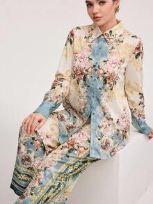 Veilorie 2pcs/Set Women Floral Print Long Sleeve Button Up Shirt And Wide Leg Pants Vacation Set 2 Pieces Set - Blue - View 8