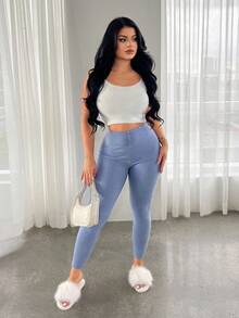 SHEIN SXY 女士休闲保暖牛仔效果打底裤，秋季，健身服，瑜伽裤，蓝色女士裤装 - 藍色 - 查看 4