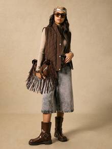 Easelle 女士梭织无袖休闲拉链夹克，咖啡色，冬季 - 咖啡棕 - 查看 6