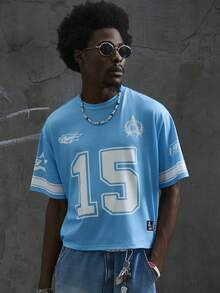 Manfinity Campus Court 男士街头数字印花短袖休闲宽松短款T恤 - 淺藍色 - 查看 5