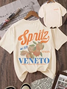 Glissea Áo thun họa tiết trái cây mùa hè, áo thun in chữ Ý, rượu khai vị Venice, rượu Prosecco, nước ngọt, áo thun in hình cam - Màu be - Xem 1