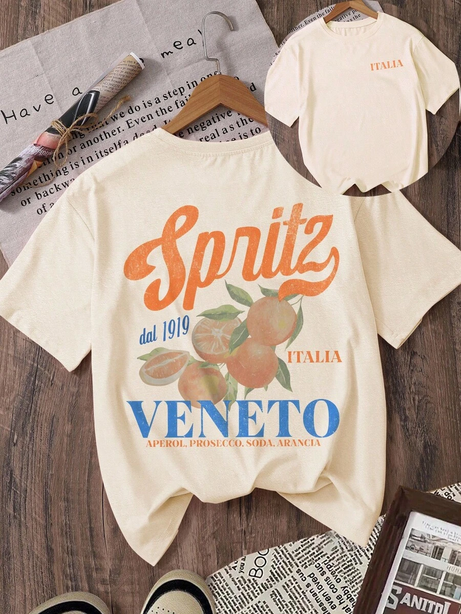 Glissea Áo thun họa tiết trái cây mùa hè, áo thun in chữ Ý, rượu khai vị Venice, rượu Prosecco, nước ngọt, áo thun in hình cam - Màu be - Xem 1