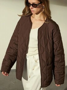 Aveloria Modichic Loose Versatile Zipper Pocket Decor Round Neck Padded Coat - Coffee Brown - View 3