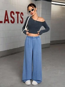 Sparklyn Pantaloni casual larghi in denim medio-blu lavato per ragazze adolescenti, vita elastica asimmetrica, gamba dritta morbida e comoda, adatti per uso quotidiano, scuola, festival e occasioni all'Aperto - Blu lavato medio - Visualizzare 6