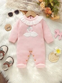 SHEIN 1pc Newborn Baby Pink Sweater Romper, Lace Collar Long Sleeve Bodysuit With Swan Embroidery, Sweet & Fashionable Baby Girl Knitted Romper Newborn Baby Girl Sweater Outfit Baby Girl Swan Outfit Pink Baby Girl Romper Baby Girl Winter Clothes Fall Baby Set Autumn Winter Season Baby Girl Winter Outfits Newborn Girl Knitted Outfits Baby Girl Knitted Outfits Newborn Girl Winter Sets Baby Knitted Pink Romper