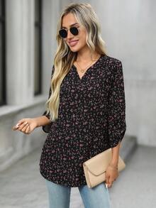Camisa casual con cuello en pico, rayas y mangas enrolladas para el otoño - Multicolor - Ver 10