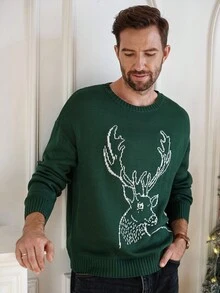 Manfinity Homme Áo len cổ tròn họa tiết tuần lộc cho nam, dáng rộng, thường ngày, áo len Giáng sinh cho nam, áo len tuần lộc, áo len Giáng sinh màu xanh lá cây, mùa thu/đông - Màu xanh lá cây đậm - Xem 4