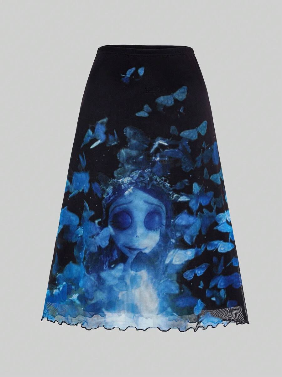 Corpse Bride X SHEIN 女式卡通人物图案生菜下摆半身裙 - 黑色 - 查看 1