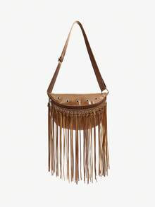 SHEIN SXY 女士、女式胸包、腰包、复古、铆钉、复古、流苏、时尚、街头、简约、个性化、多功能、适合约会、日常、购物、下午茶 - 卡其色 - 查看 3