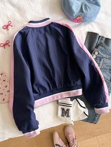 Veste de sport à manches longues pour l'extérieur, style Y2K avec imprimé papillon, col côtelé et cordon de serrage, en tissu texturé mode, convenant pour le printemps, l'automne et l'hiver - Noir - Voir 2