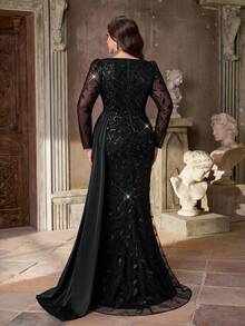 Aureia Vestido elegante y lujoso de talla grande con mangas largas transparentes, bordado, encaje con lentejuelas, satén con empalme, abertura sexy de cola de pez con volante lateral, adecuado para bodas, fiestas de solteros, vacaciones, bailes, ocasiones formales (resistente)