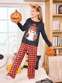 Halloween Cute Ghost Print Pajama Set With Plaid Pants, For Big Girls - Black - View 1