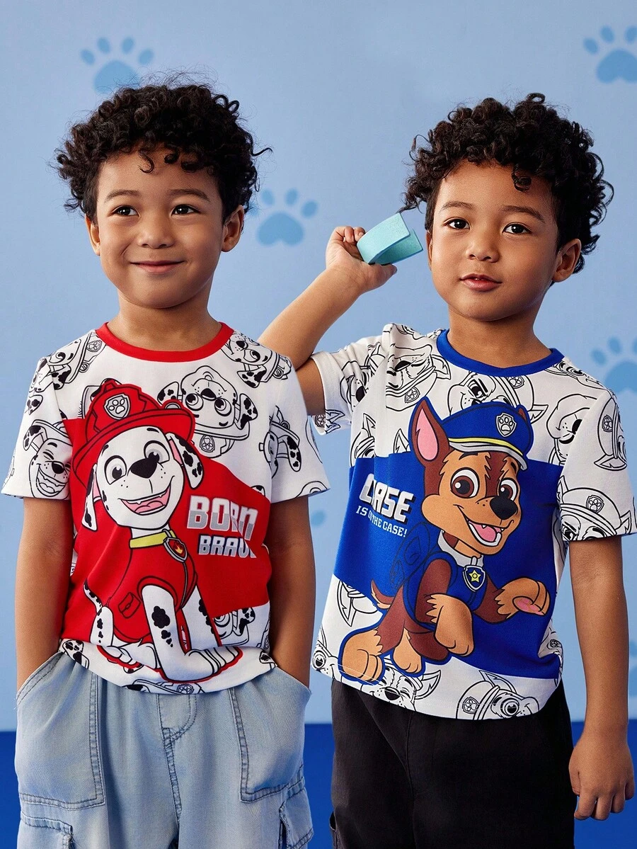 SHEIN | PAW Patrol 2 pièces/set T-shirt à manches courtes ample avec imprimé de chiot de dessin animé pour jeune garçon