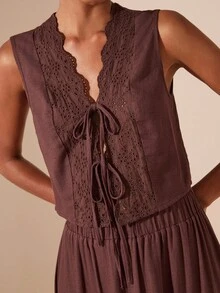 Travachic 2 件套女士纯色梭织无袖背心和宽松腰裙，度假装 - 棕色 - 查看 7